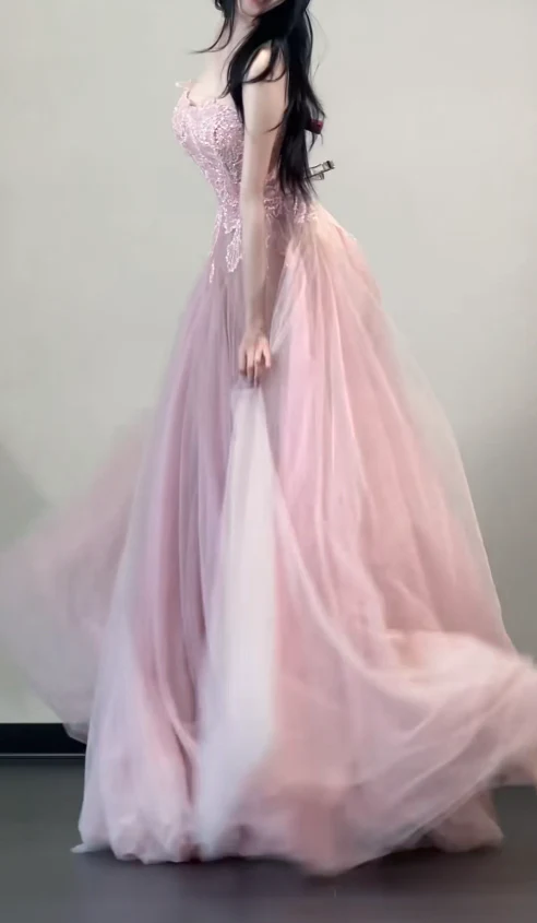 Gorgeous Strapless A-Line Long Prom Dresses Tulle Pink Sweet 16 Dresses DP3273 - Deanwangkt