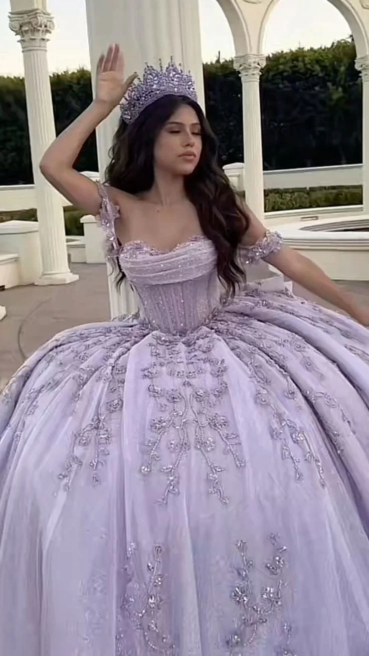 Modest Ball Gown Off The Shoulder Lilac Lace Tulle Long Quinceanera Dress Formal Gowns Vestido De 15 Anos Sweet 16 Dress DH1849 - Deanwangkt