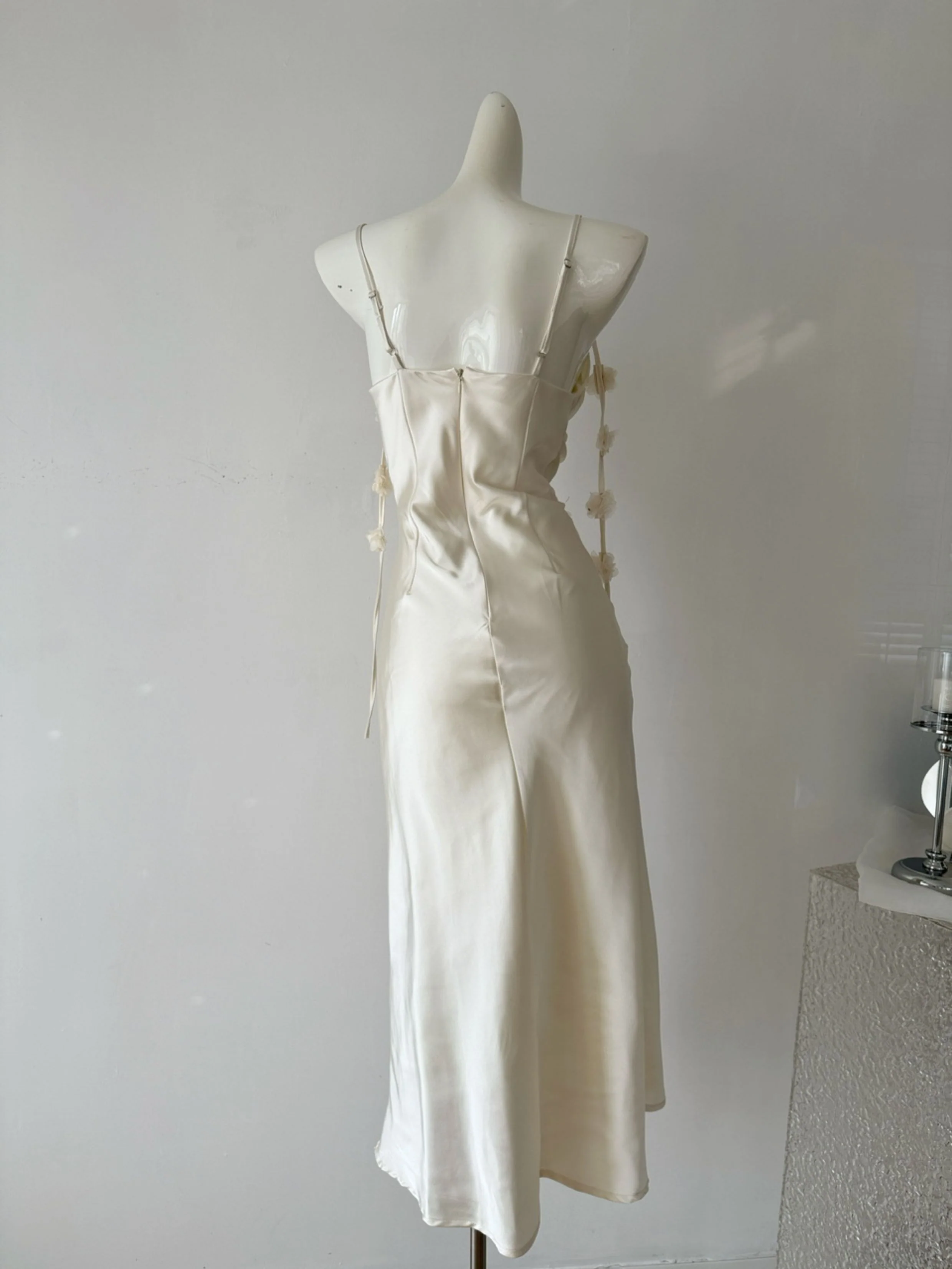 Cute A line Spaghetti Straps Champagne Floral Long Satin Summer Dress For Women DP0009 - Deanwangkt