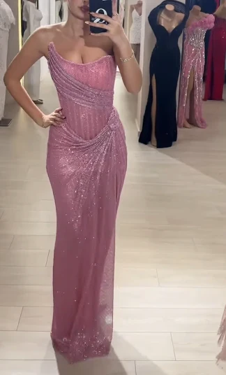 Elegant Sheath Strapless Pink Sequin Slit Long Prom Dresses Party Dress 22th Birthday Outfits Graduation Dresses DH2314 - Deanwangkt