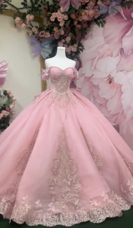 Gorgeous Pink Off-the-shoulder Tulle Long Ball Gown Sweet Applique Beaded 16th Birthday Dress Cute Quinceanera Dress DH2740 - Deanwangkt