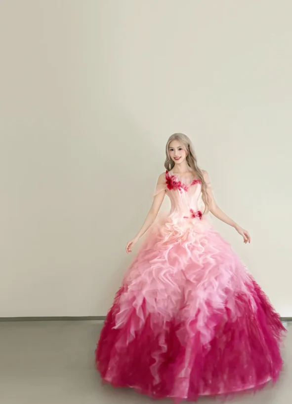 Cute Ball Gown Gradient Pink Long Prom Dresses Strapless Tulle Sleeveless Gradient Pink Quinceanera Dresses Sweet 16 Dress DP3822 - Deanwangkt