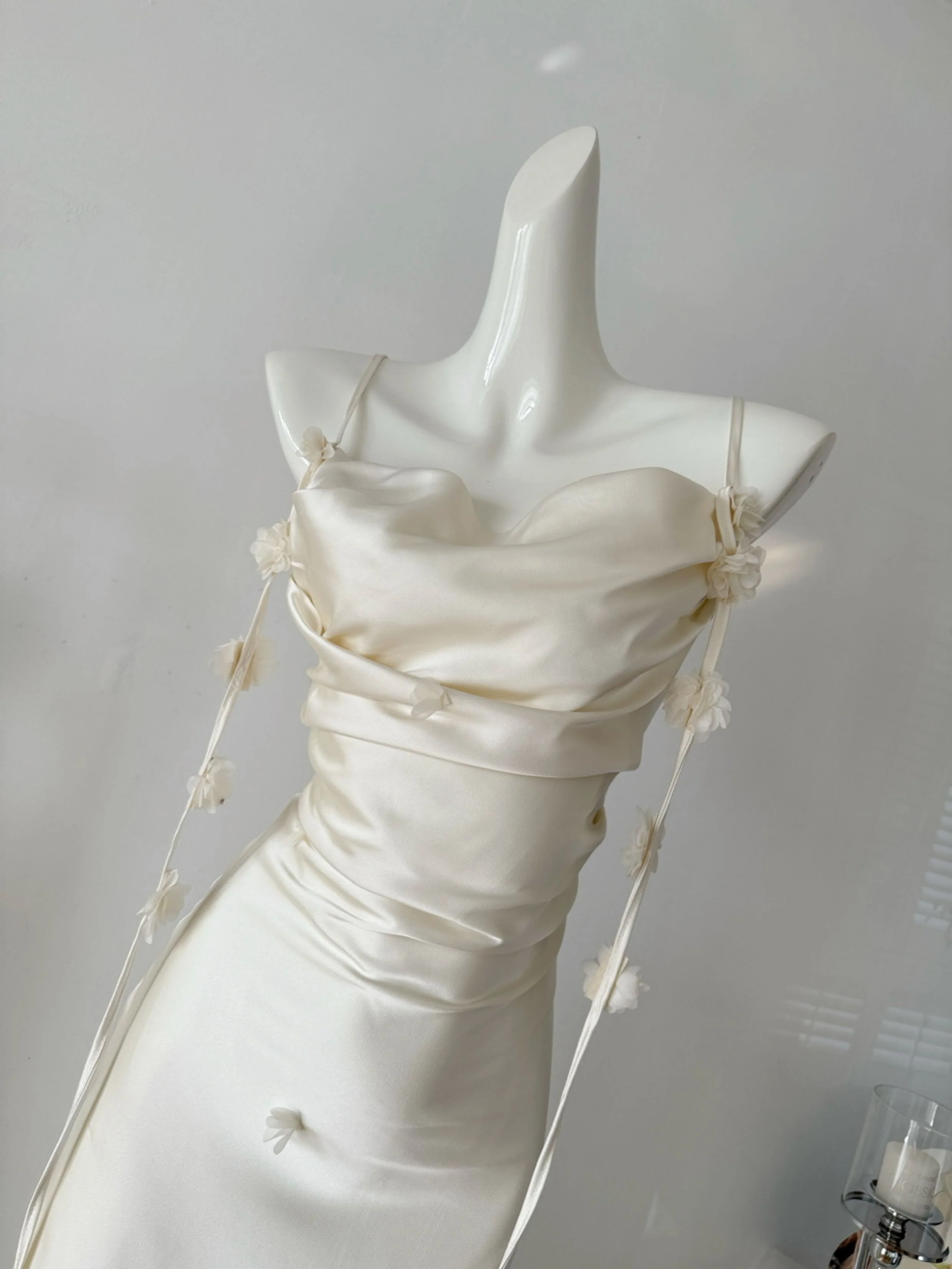 Cute A line Spaghetti Straps Champagne Floral Long Satin Summer Dress For Women DP0009 - Deanwangkt