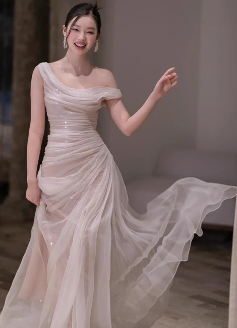 Elegant Sheath Off-the-shoulder Evening Gown Tulle Modest Formal Dress Long Prom Dresses DP2791 - Deanwangkt