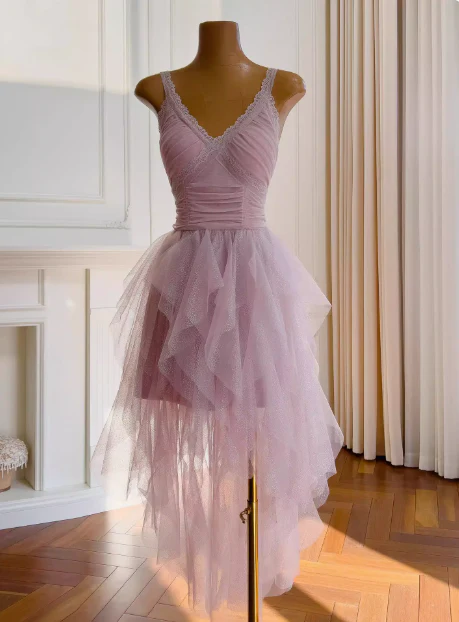 Vintage A line Straps Tulle Pink Layers Short Mini Formal 8th Grade Homecoming Dresses Middle School Short Cocktail Dress Hoco Outfits D1991 - Deanwangkt