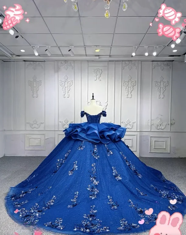 Gorgeous Off-the-Shoulder Ball Gown Tulle Applique Long Prom Dresses Royal Blue Quinceanera Dresses Sparkly Sweet 16 Dresses DP3268 - Deanwangkt