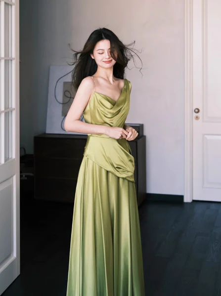 Modest Green A-Line Evening Dress Satin Asymmetric Neckline Long Prom Dress Elegant Formal Dress Wedding Guest Dress DP2833 - Deanwangkt