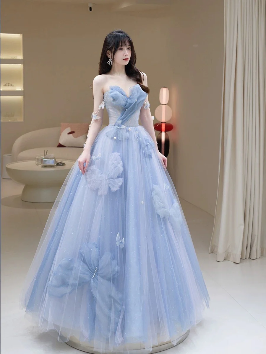 Classy Elegant Ball Gown Sweetheart Blue Tulle Flowers Prom Dresses H2891 - Deanwangkt
