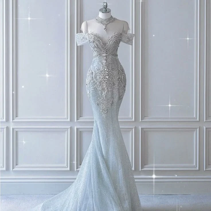 Dreamy Mermaid Wedding Dress Elegant Silver Off-Shoulder Evening Gown Summer Brides Dress DP605 - Deanwangkt