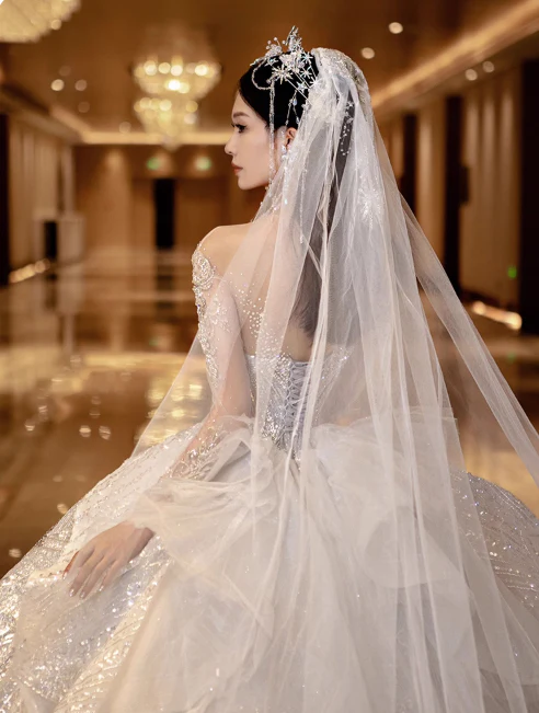 Princess Bridal Dress Ball Gown Off-the-shoulder Tulle Sequins White Beads Long Wedding Dress Modest Long Sleeve Bridal Gowns DP2772 - Deanwangkt