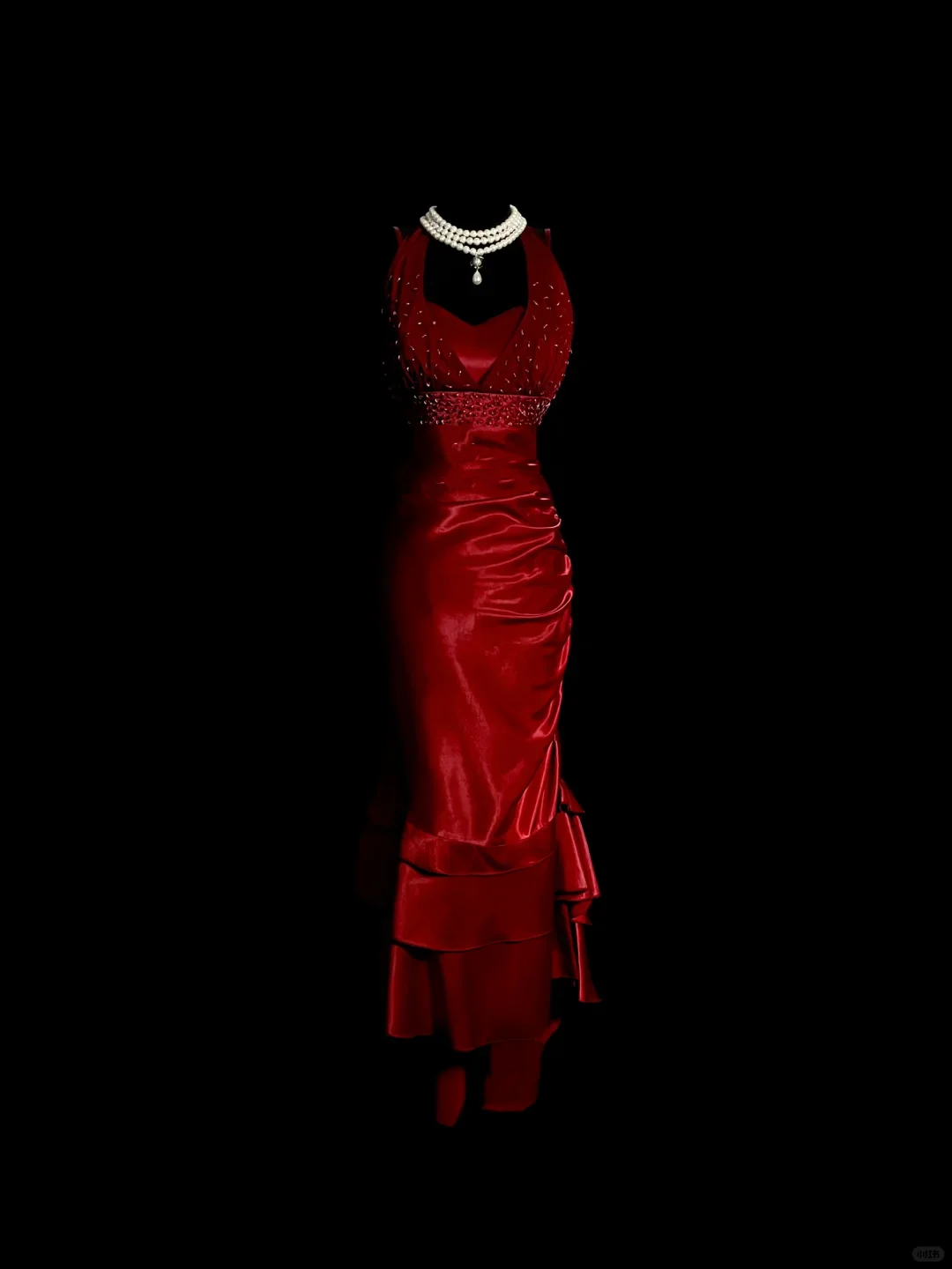 Vintage Mermaid Halter Sleeveless Red Satin Long Prom Dresses Ruffles Evening Gowns Evening Dress DP942 - Deanwangkt