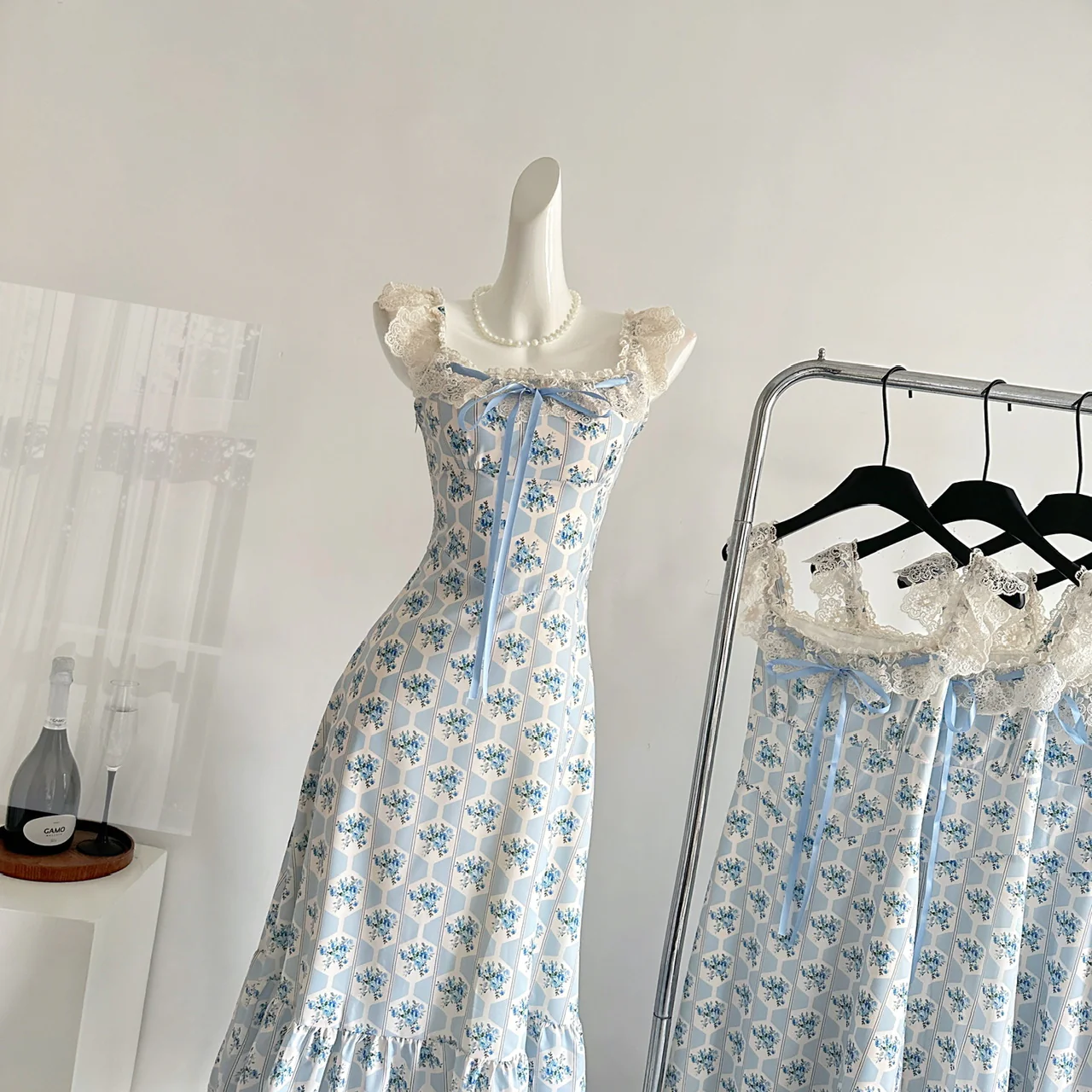 Sexy A line Straps Floral Blue Summer Dress Holiday Party Birthday Outfits For Women DP0144 - Deanwangkt