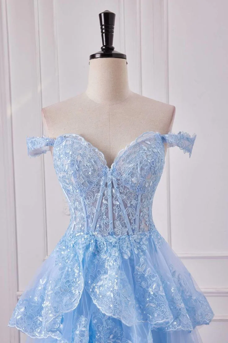 Fairy Off the Shoulder Light Blue Ruffles Prom Dress Party Gown Evening Dresses DP299 - Deanwangkt