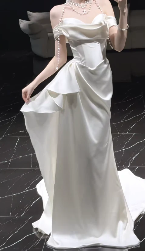 Timeless Off-the-shoulder Sheath Satin Luxury Wedding Dress, White Bridal Gowns DP3082 - Deanwangkt