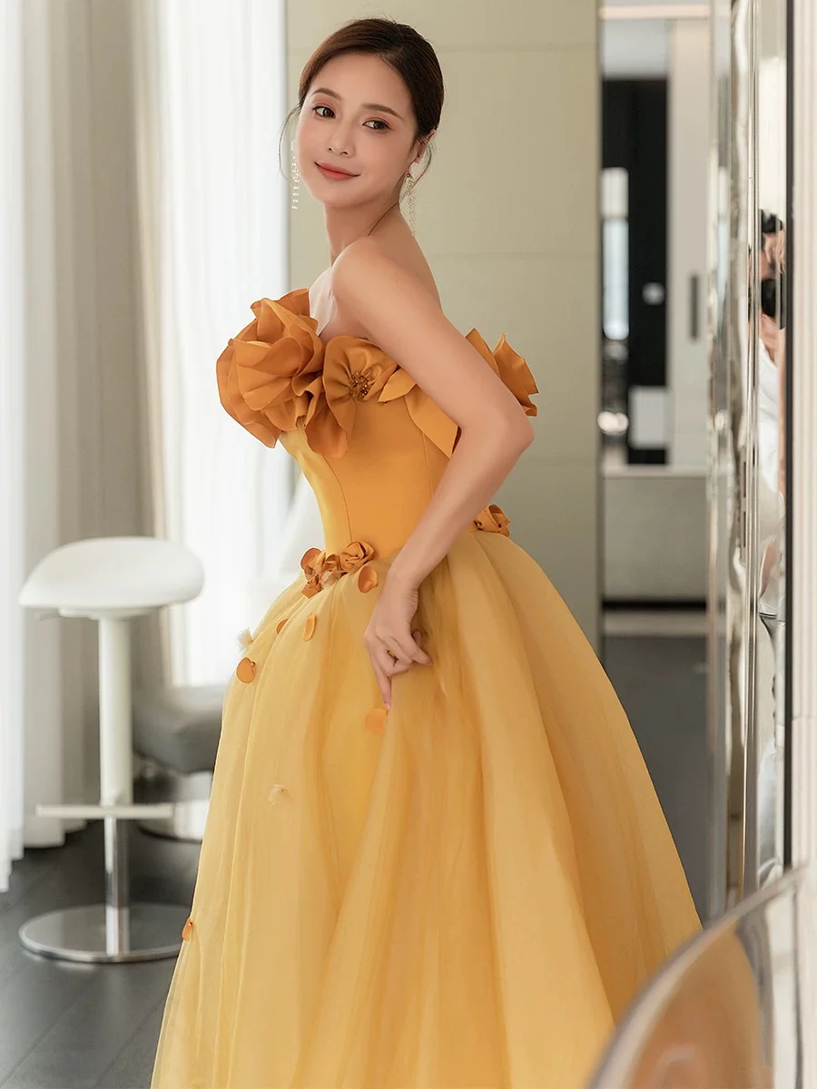 Classy Elegant Ball Gown Strapless Yellow Sleeveless Tulle Long Prom Dresses H2893 - Deanwangkt