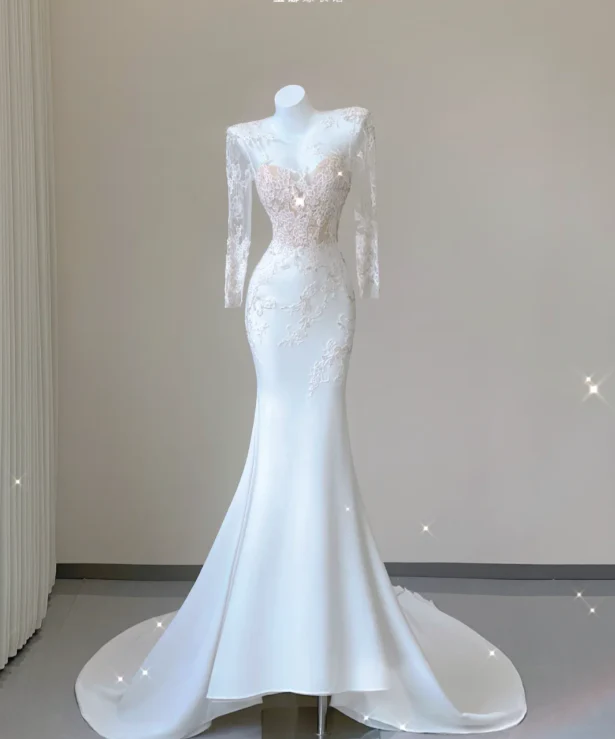 Unique Mermaid V Neckline White Lace Long Sleeves Wedding Dresses Brides Dress P0027 - Deanwangkt