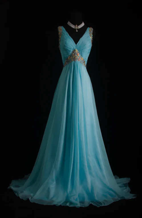 Vintage V-neck A-Line Long Evening Dresses Chiffon Turquoise Prom Dresses DP3304 - Deanwangkt