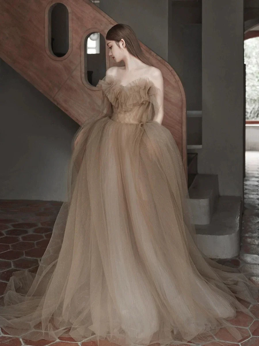 Classy Ball Gown Sweetheart Tulle Champagne Evening Dress Long Prom Dresses H2864 - Deanwangkt