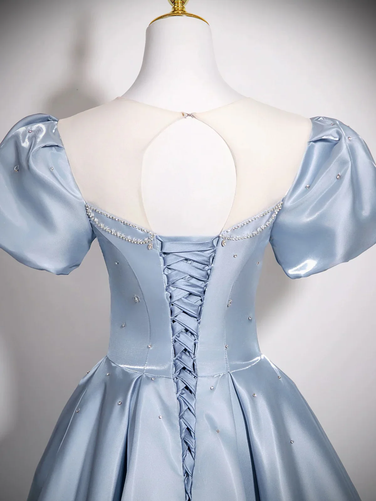 Cute Jewel A-Line Puff Sleeves Satin Blue Long Prom Dress, Blue Formal Dress DP3159 - Deanwangkt