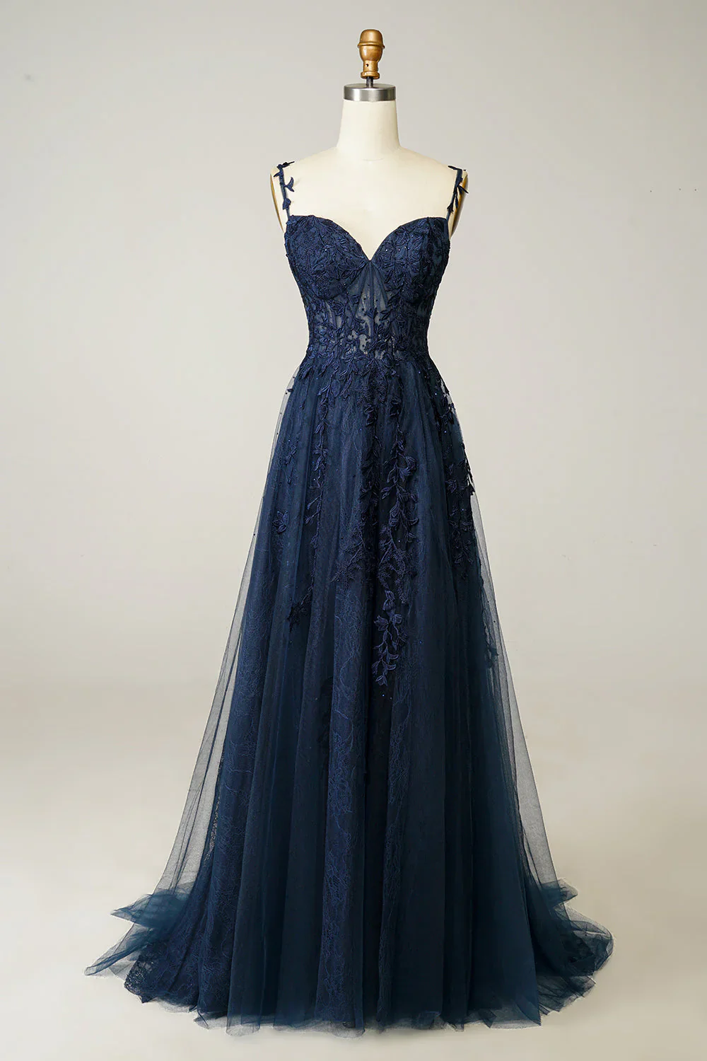 Sexy A Line Spaghetti Straps Navy Prom Dress with Appliques Formal Dress DP290 - Deanwangkt
