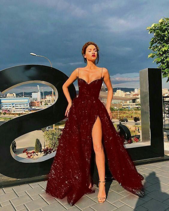Glamorous A line Sweetheart Sleeveless Sequin Slit Burgundy Long Evening Party Gowns Evening Special Formal Dresses Prom Dress DH199 - Deanwangkt