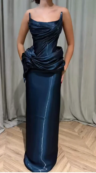 Elegant Strapless Sheath Navy Long Prom Dresses Satin Navy Eevning Dresses DP3900 - Deanwangkt