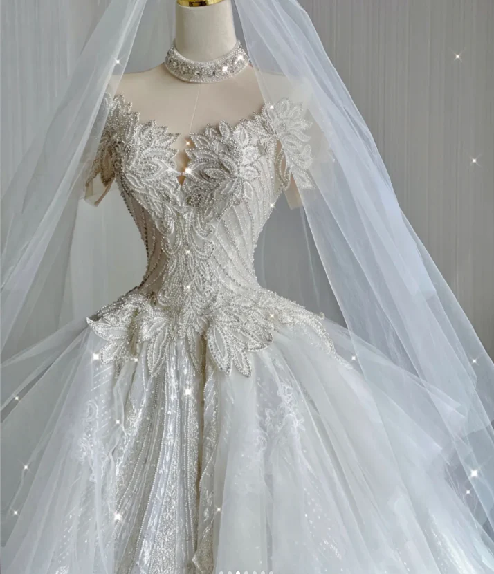 Unique Ball Gown High Neckline Lace Long White Wedding Dresses Summer Brides Dress DP416 - Deanwangkt