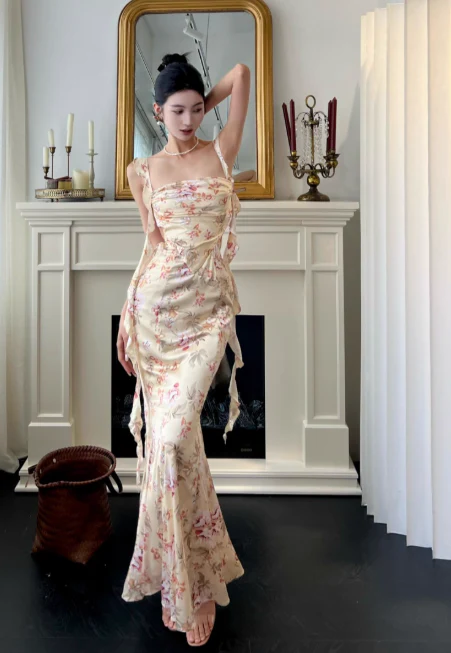 Elegant Straps Mermaid Satin Long Evening Dresses, Floral Backless Formal Dresses DP3147 - Deanwangkt