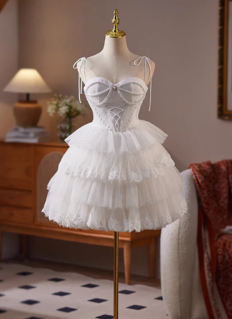 Simple Spaghetti Strap Tulle Lace Wedding Dresses White Short Bridal Gowns DP3184 - Deanwangkt