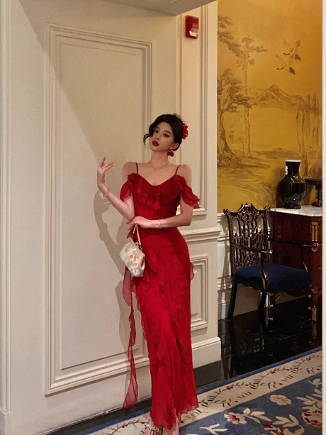 Classy A line Spaghetti Straps Red Chiffon Sleeveless 18th Birthday Dress Party Gown Birthday Outfits Birthday Dress Ideas For Women DP558 - Deanwangkt