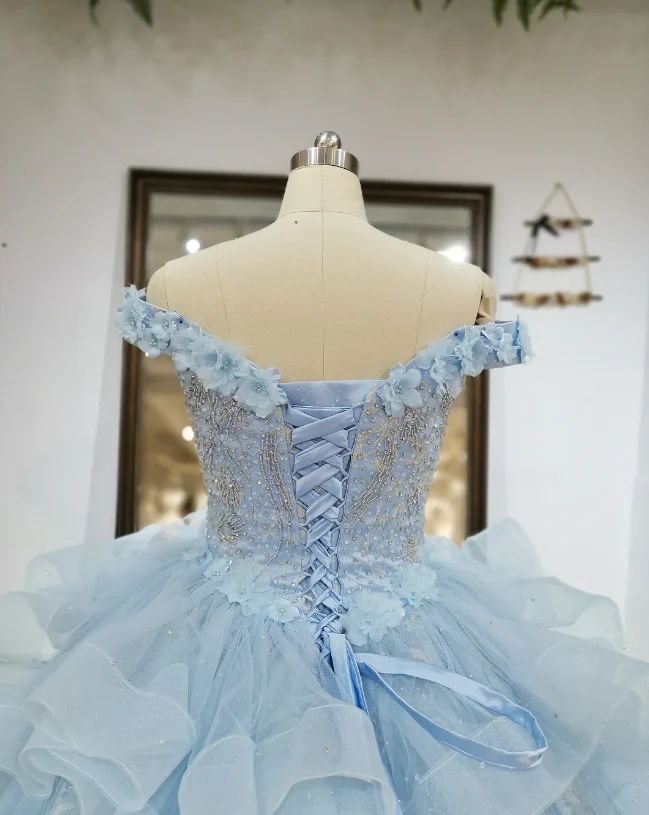 Cute Off Shoulder Ball Gowns Pale Blue Tulle Beaded Long Quinceanera Dress Formal Gowns Vestido De 15 Anos Sweet 16 Dress DP3244 - Deanwangkt