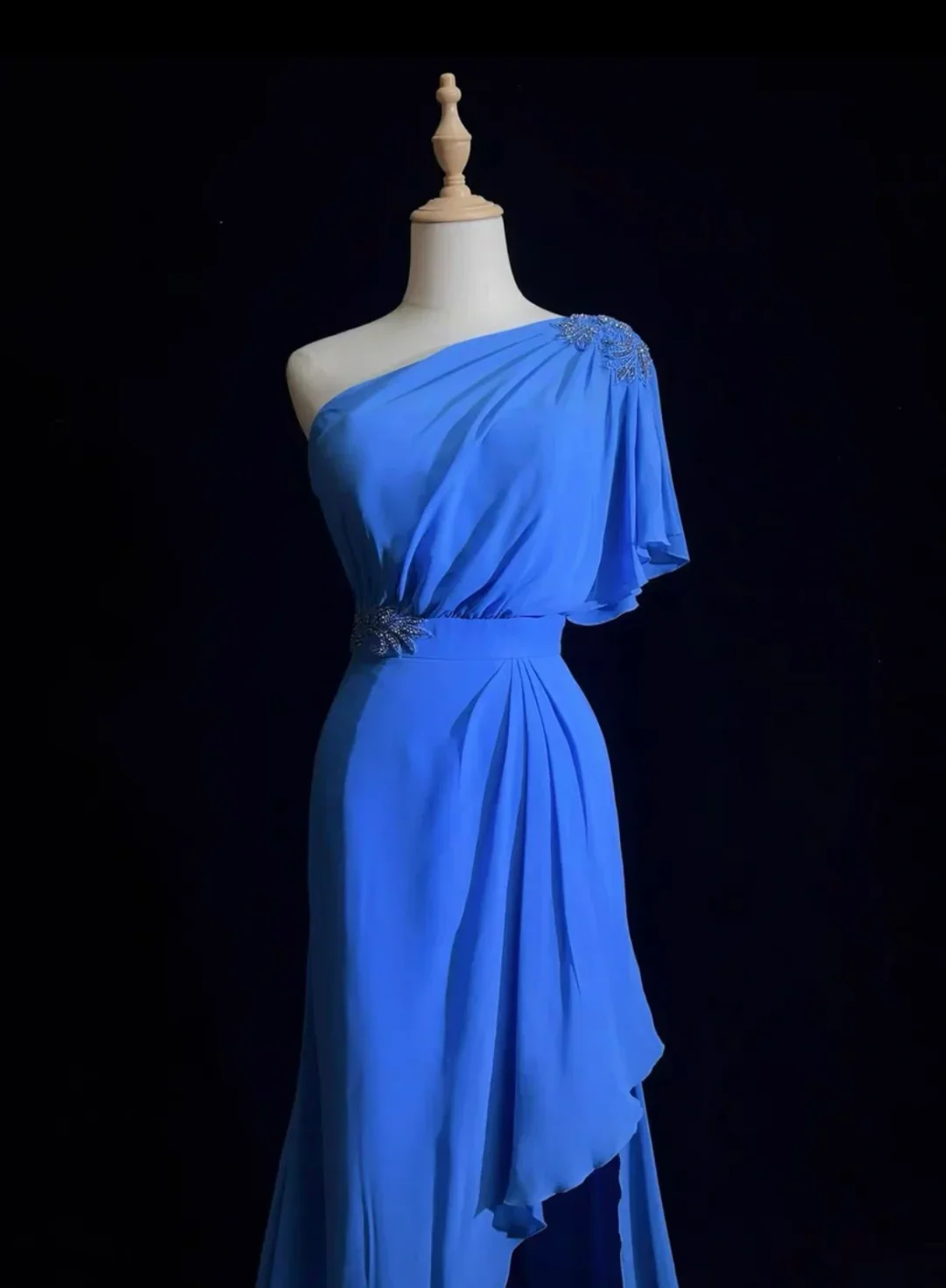 Vintage A line One Shoulder Sleeveless Royal Blue Chiffon Petite Mother Of Bride Dress Party Gown Floor Length For Summer Women Wedding DH1269 - Deanwangkt
