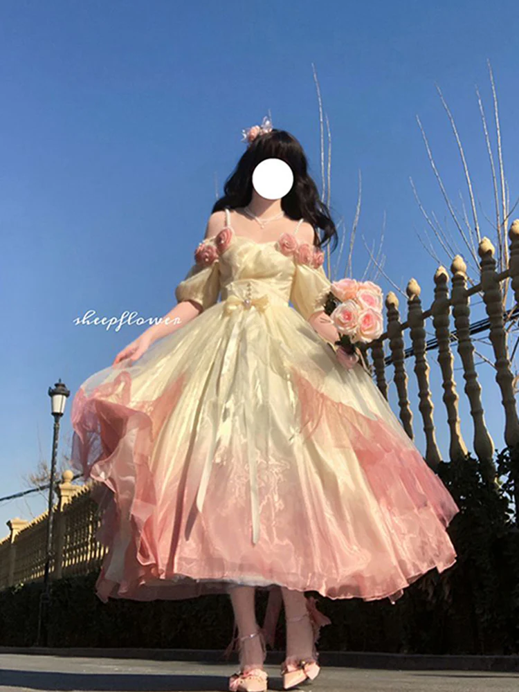 Vintage Ball Gown Off The Shoulder Short Sleeves 16th Ombre Pink Birthday Dresses Lolita Dress Birthday Outfits W1136 - Deanwangkt