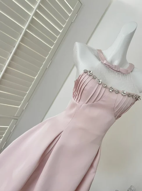 Sweet Pink A-Line Jewel Short Homecoming Dress Satin Birthday Dress Formal Dress DP2913 - Deanwangkt