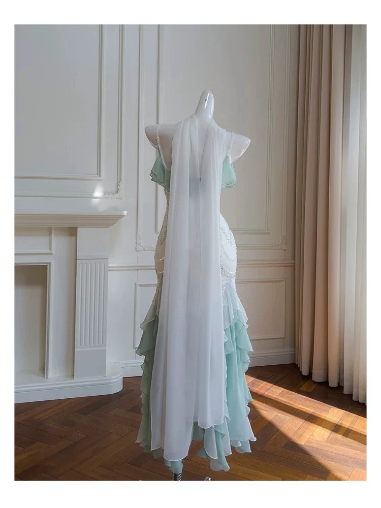 Elegant Mermaid Spaghetti Straps Sleeveless Chiffon Long Evening Party Gowns Evening Formal Dresses Prom Dress W893 - Deanwangkt