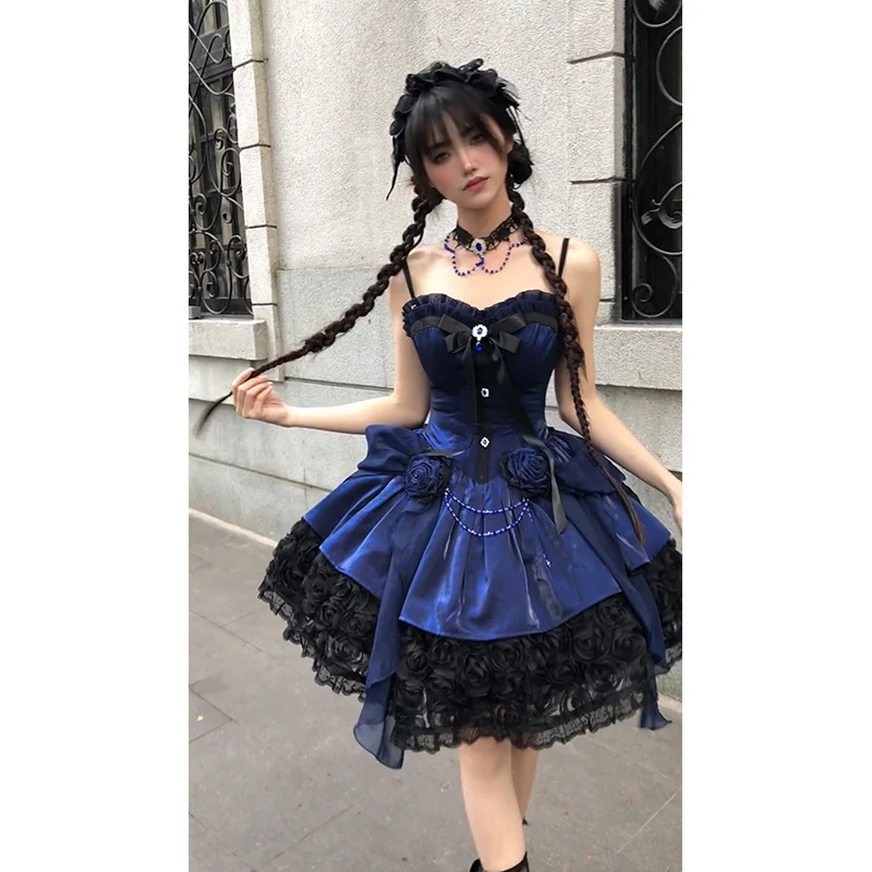 Vintage Ball Gown Spaghetti Straps Royal Blue Lace Summer 16th Birthday Dress Lolita Dress Mini 18th Birthday Outfits Short Lolita Outfit DH2412 - Deanwangkt