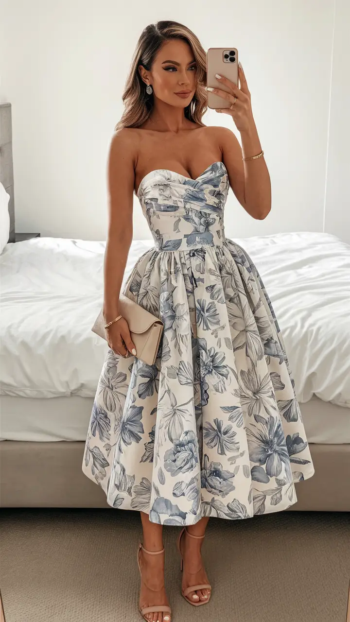 Elegant Wedding Guest Outfit Ball Gown Blue Floral Formal Night Dresses Summer Tea Length Wedding Guest Dresses DP769 - Deanwangkt