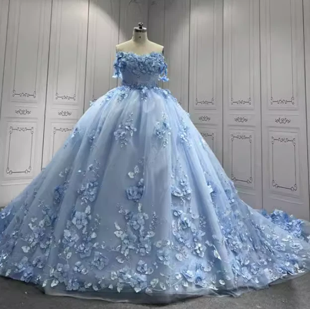Gorgeous Sky Blue Off-the-shoulder Tulle Long Ball Gown with Flower Sweet 16 Birthday Dress Cute Quinceanera Dress DH2731 - Deanwangkt