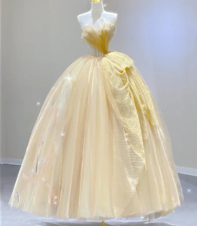 Modest Ball Gown Strapless Yellow Tulle Long Prom Dresses High School Outfits Graduation Dress Evening Dresses DP404 - Deanwangkt