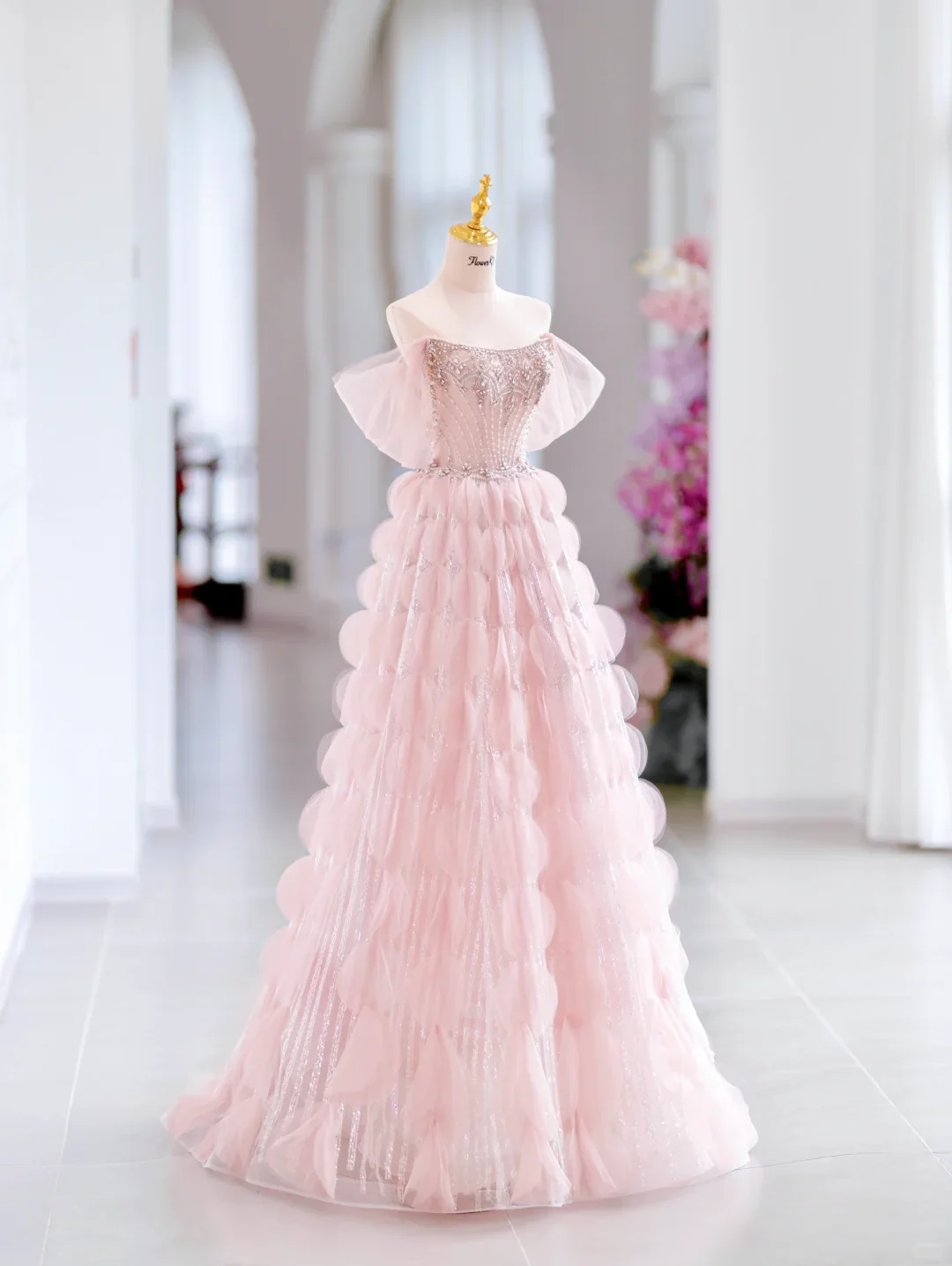 Cute Ball Gown Off The Shoulder Pink Tulle Long Evening Party Gowns Evening Dress Special Formal Dresses Prom Dress H2797 - Deanwangkt