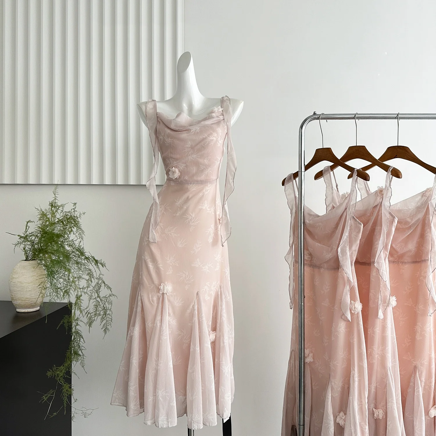 Cute Mermaid Straps Floral Pink Lace Long Summer Dress For Women DP0026 - Deanwangkt