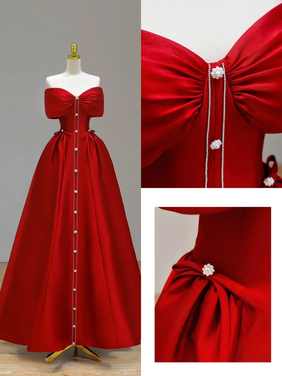 Elegant Ball Gown Strapless Satin Red Long Prom Dress Party Dress Evening Dresses DP1547 - Deanwangkt