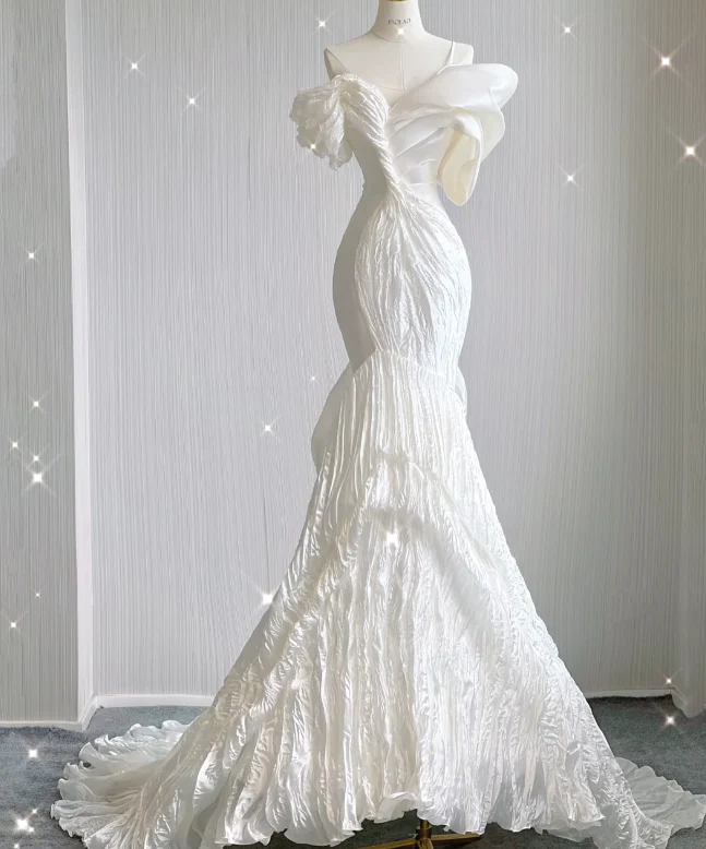 Timeless Mermaid Off The Shoulder White Short Sleeves Wedding Dresses Brides Dress DP439 - Deanwangkt