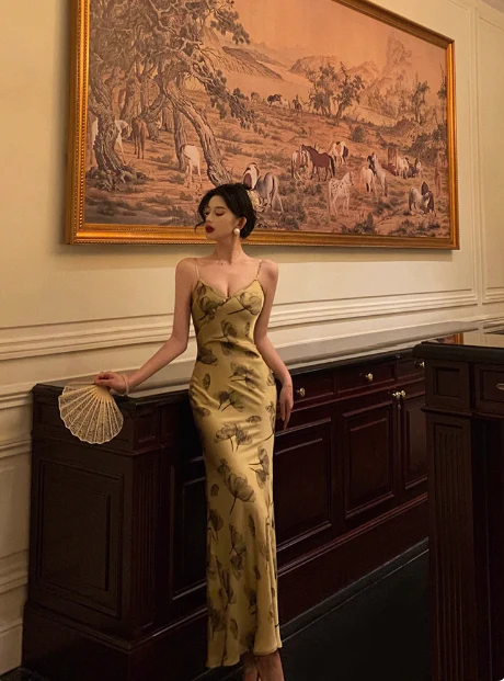 Elegant Mermaid Spaghetti Straps Yellow Floral Sleeveless 18th Birthday Dress Party Gown Birthday Outfits Birthday Dress Ideas For Women DP566 - Deanwangkt