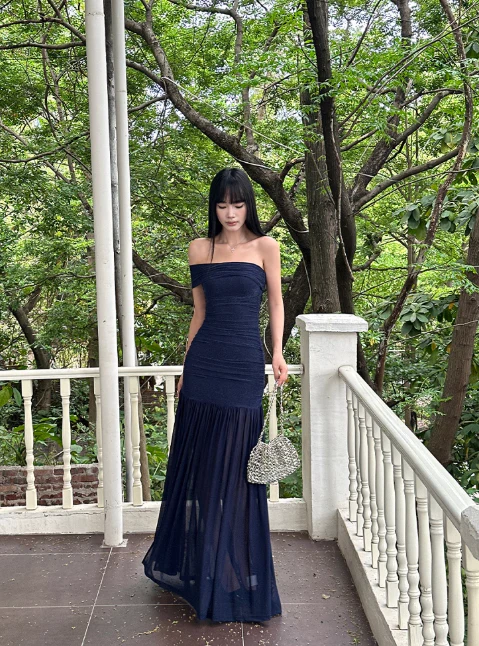 Elegant One Shoulder Sheath Navy Blue Long Prom Dresses Chiffon Navy Blue Evening Dresses DP3875 - Deanwangkt