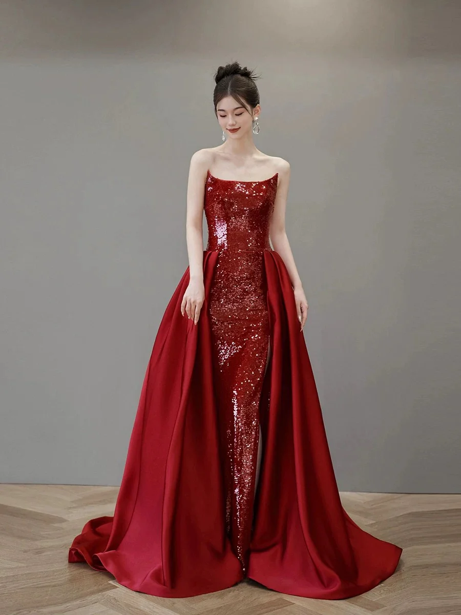 Classy Mermaid Strapless Red Sequin Long Evening Dress Long Prom Dresses H2879 - Deanwangkt