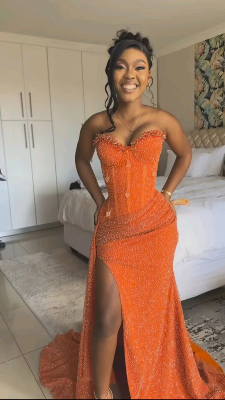 Sparkly Mermaid Sweetheart Orange Sequin Long Black Girl Evening Party Gowns Evening Dress Special Formal Dresses Prom Dress DH2337 - Deanwangkt