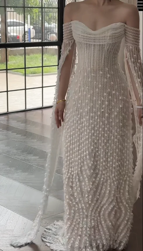 Timeless Off-the-shoulder Sheath Tulle Beading Luxury Wedding Dress, Long Sleeve Bridal Gowns DP3083 - Deanwangkt