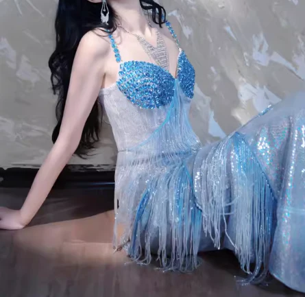 Modest Sheath Sweetheart Neck Long Evening Gown Blue Beaded Formal Dress Elegant Tassel Prom Dress DP2801 - Deanwangkt