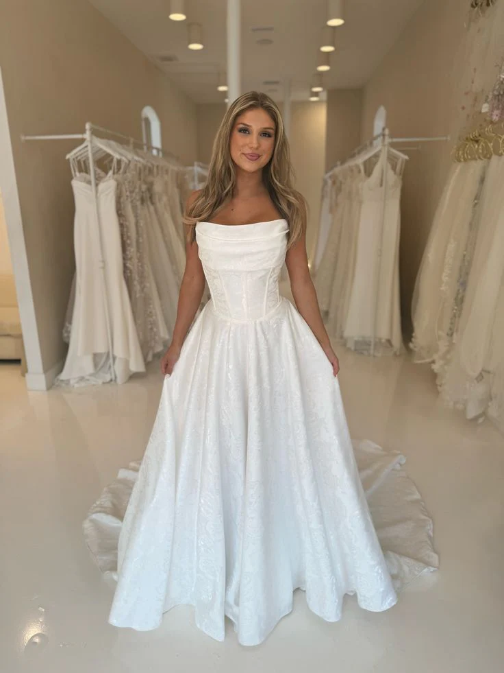 Classy Elegant A line Strapless White Satin Wedding Dress With Ruffles Wedding Dresses Modest Wedding Gowns Brides Dress DH1417 - Deanwangkt